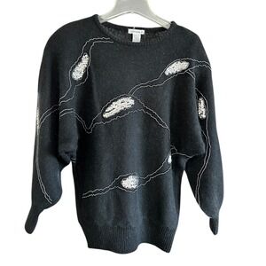 Susann d Black Silk Wool Blend Beaded Silver Sequin Artsy Sweater M Maximalism